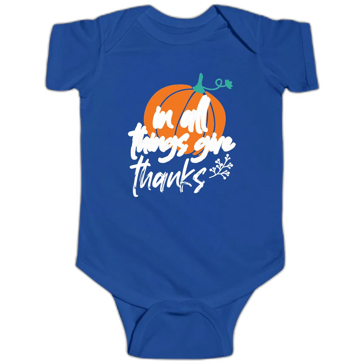 In All Things Give Thanks Pumpkin Baby Onesie in Royal