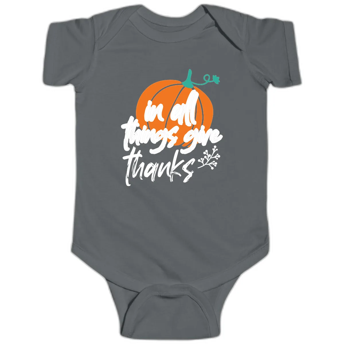 In All Things Give Thanks Pumpkin Baby Onesie in Charcoal