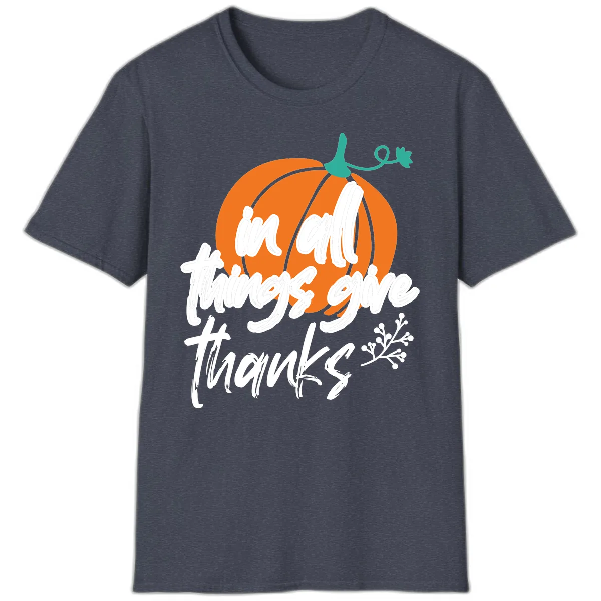 In All Things Give Thanks Pumpkin T-Shirt in Heather Navy