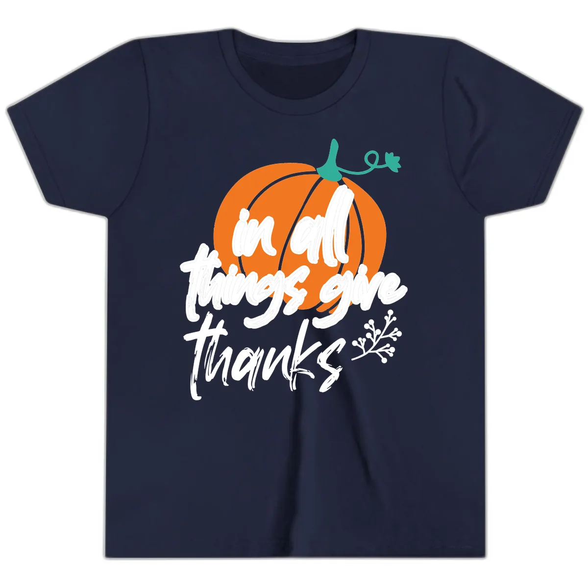 In All Things Give Thanks Pumpkin Youth T-Shirt in Navy
