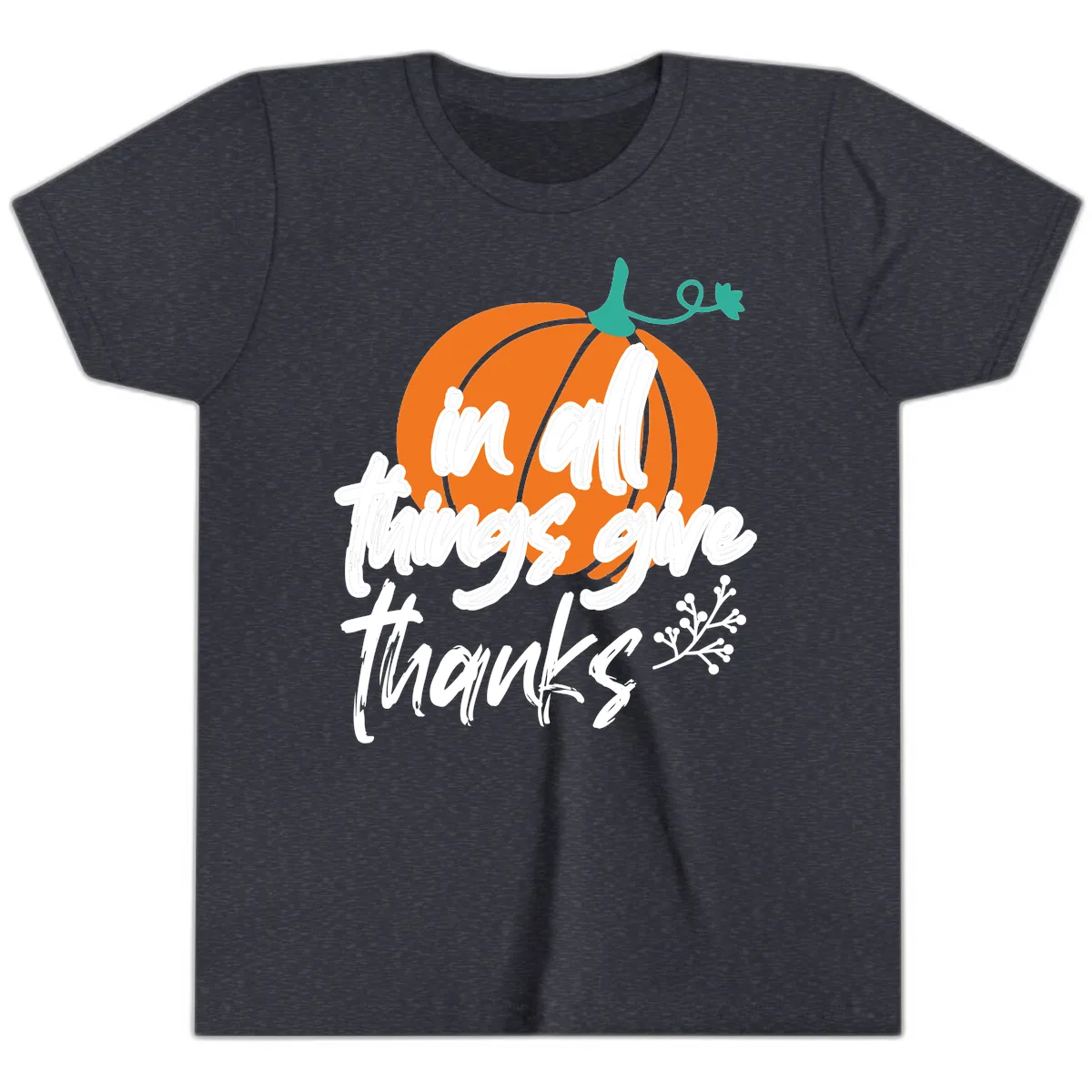 In All Things Give Thanks Pumpkin Youth T-Shirt in Heather Navy