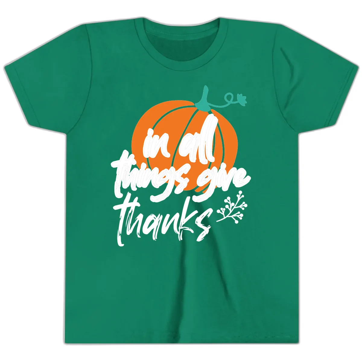 In All Things Give Thanks Pumpkin Youth T-Shirt in Kelly