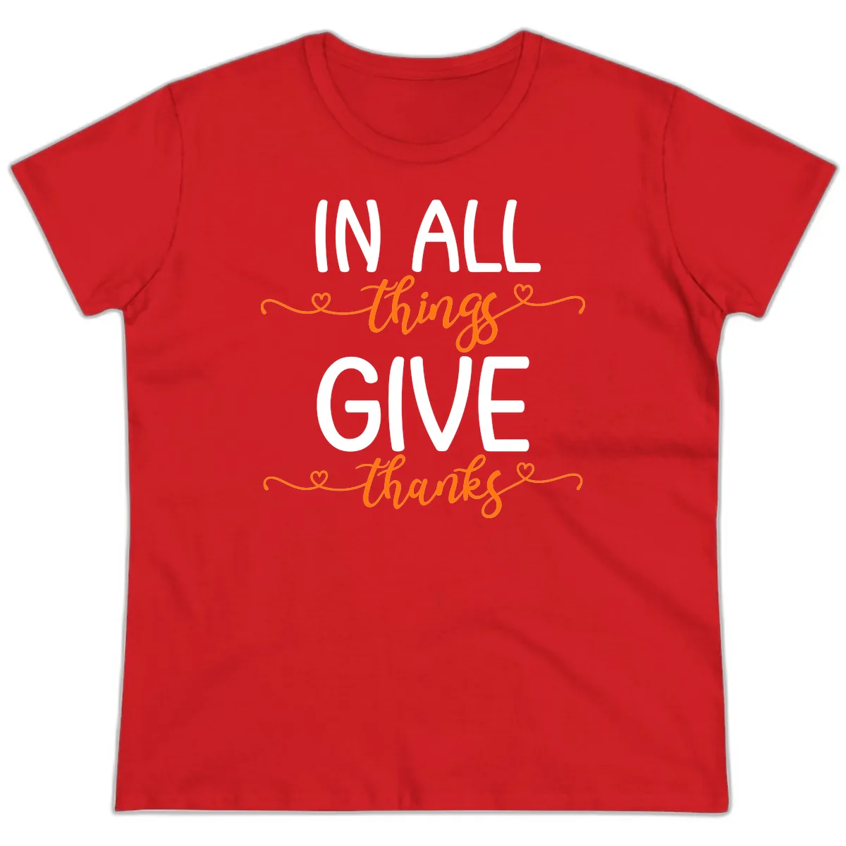 In All Things Give Thanks Phrase Ladies Tee in Red