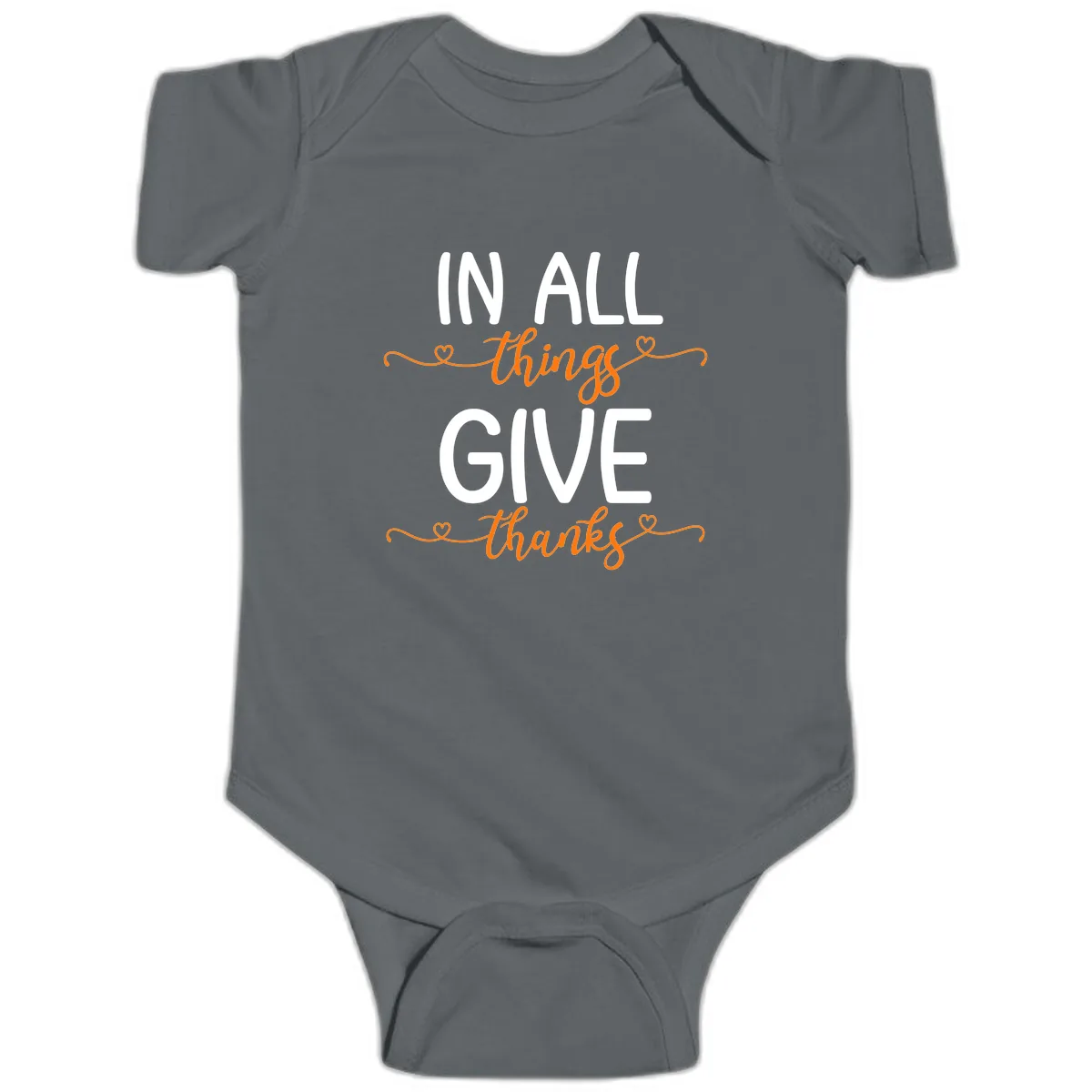 In All Things Give Thanks Phrase Baby Onesie in Charcoal