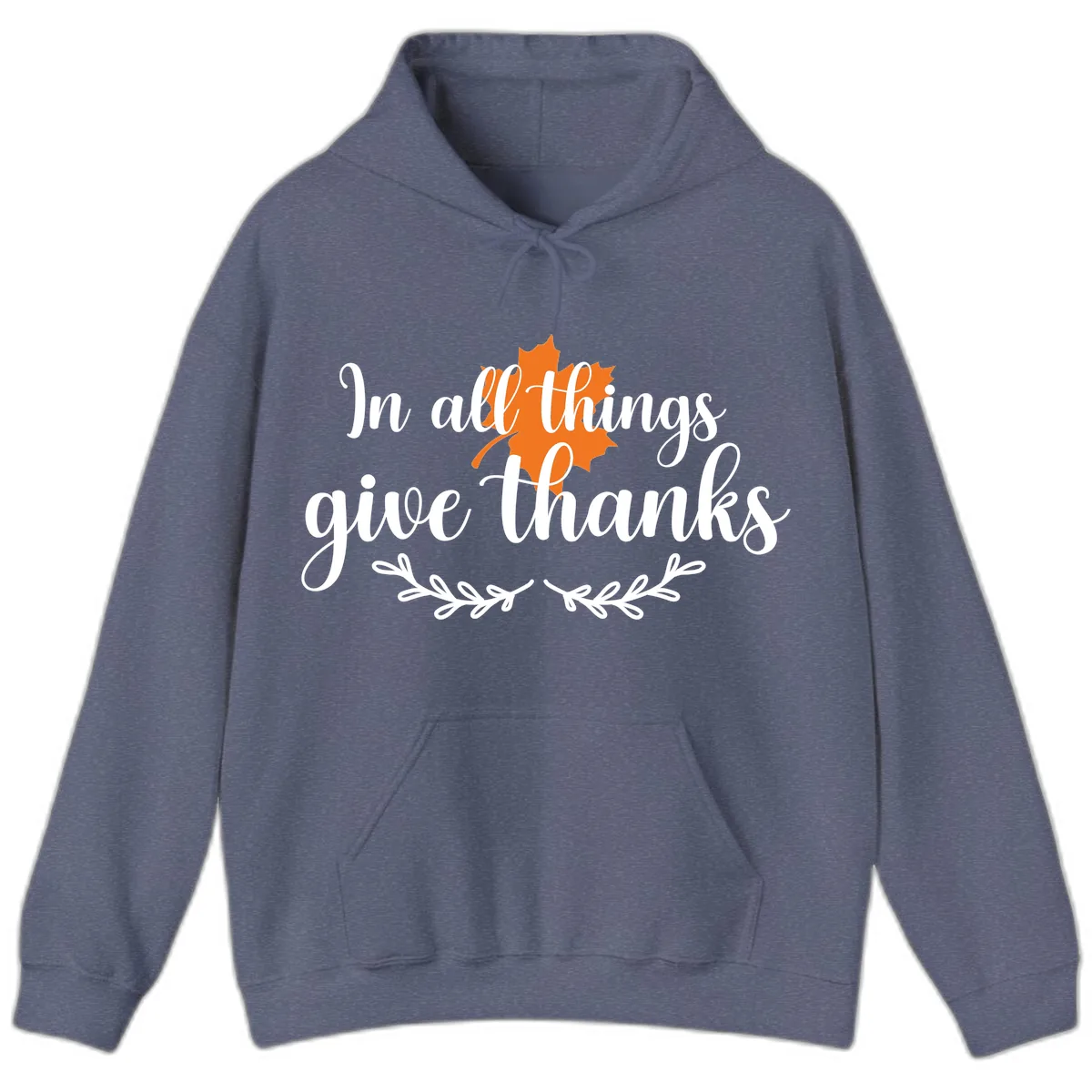 In All Things Give Thanks Typography Hoodie in Heather Navy