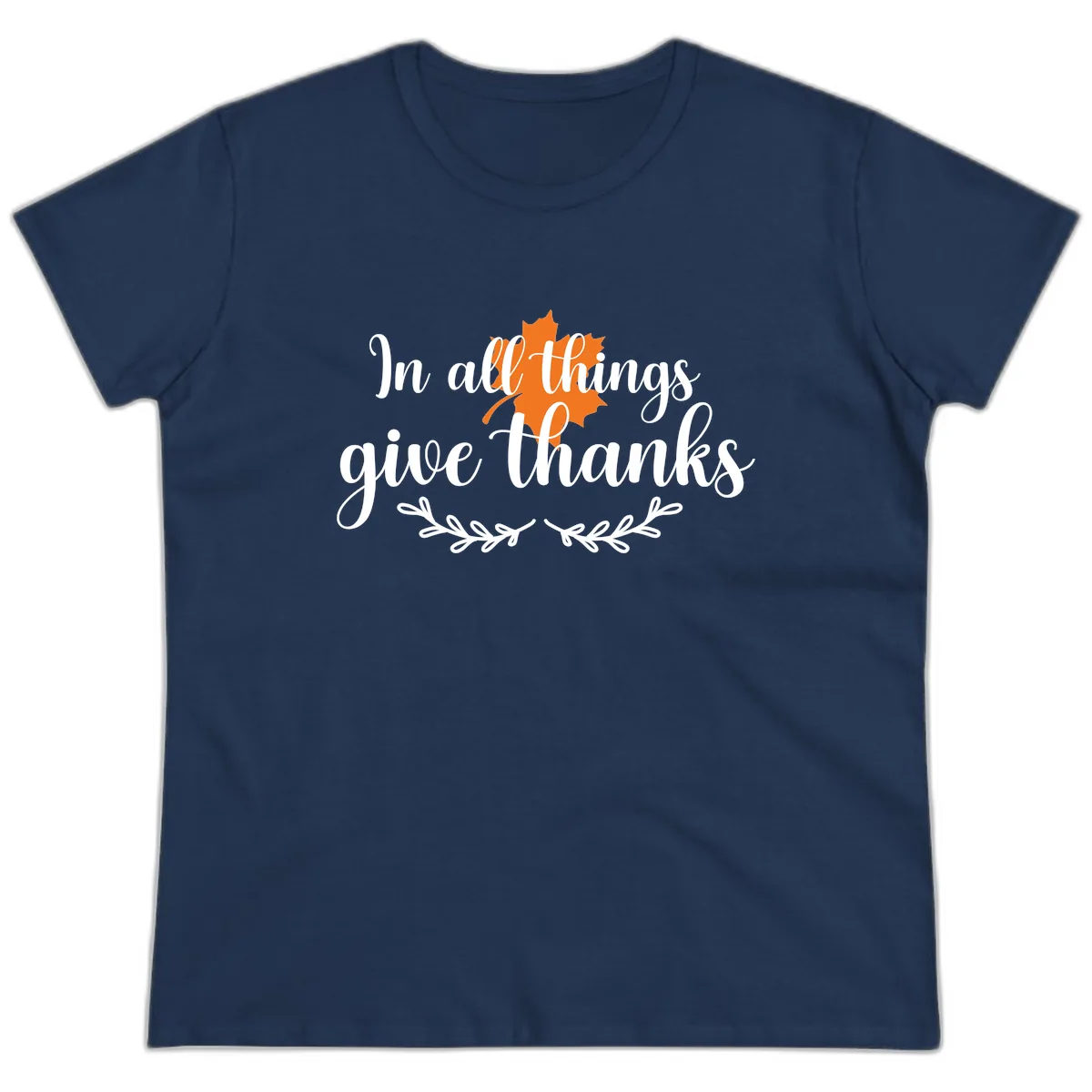 In All Things Give Thanks Typography Ladies Tee in Navy
