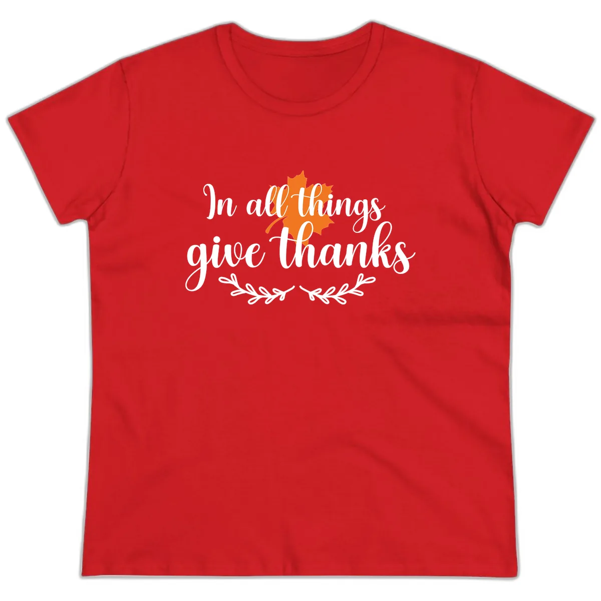 In All Things Give Thanks Typography Ladies Tee in Red