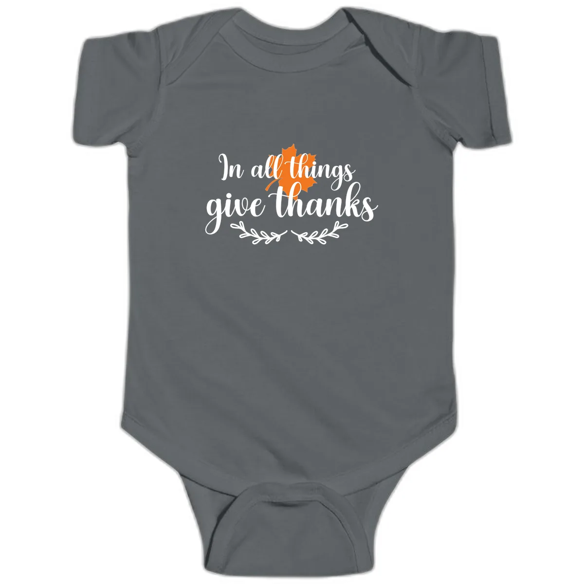 In All Things Give Thanks Typography Baby Onesie in Charcoal
