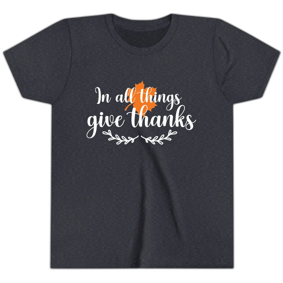 In All Things Give Thanks Typography Youth T-Shirt in Heather Navy