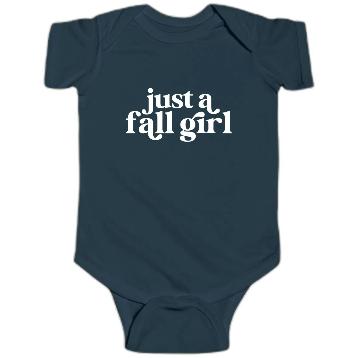 Just A Fall Girl Typography Baby Onesie in Navy