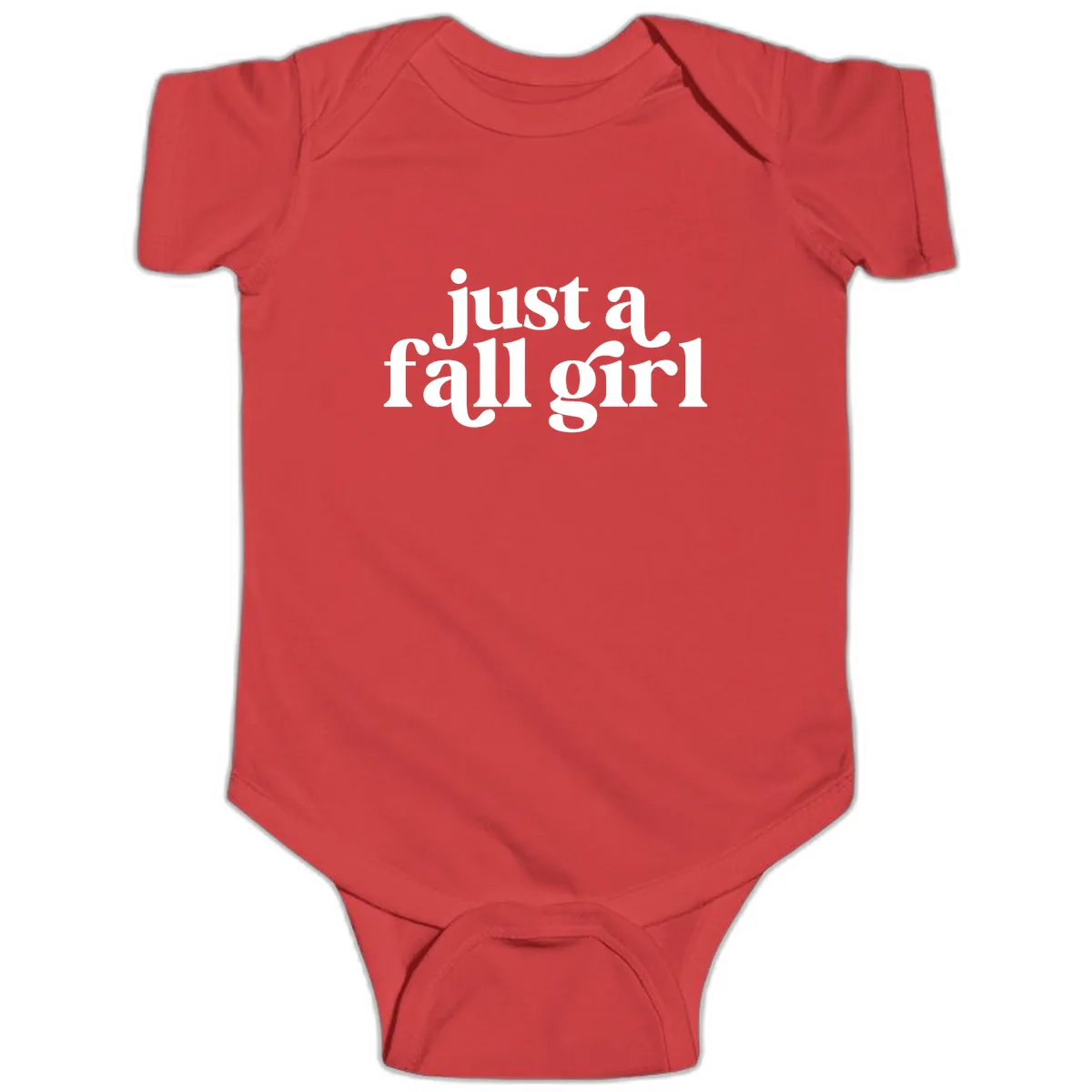 Just A Fall Girl Typography Baby Onesie in Red