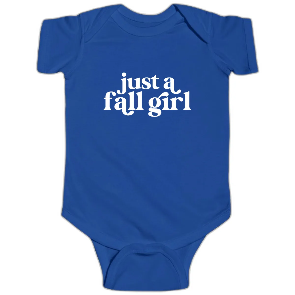 Just A Fall Girl Typography Baby Onesie in Royal