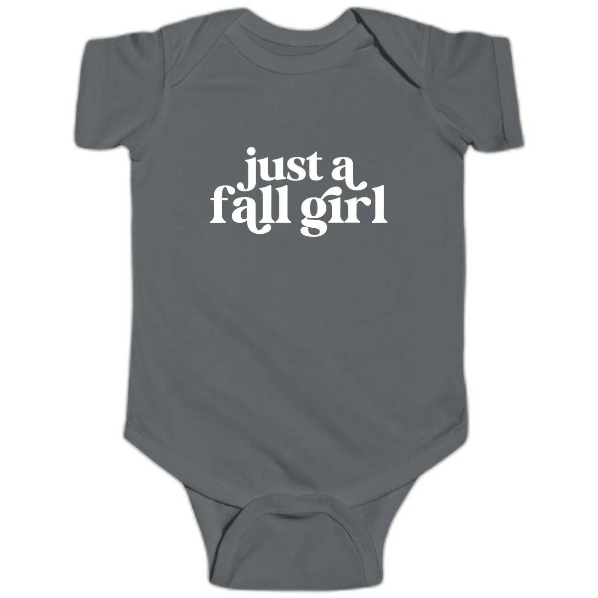 Just A Fall Girl Typography Baby Onesie in Charcoal