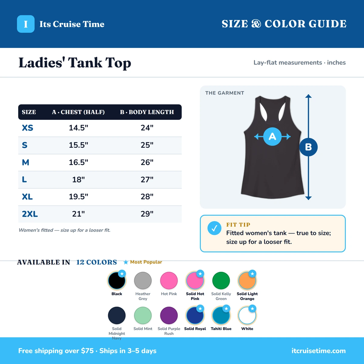 Ladies Tank size & color guide