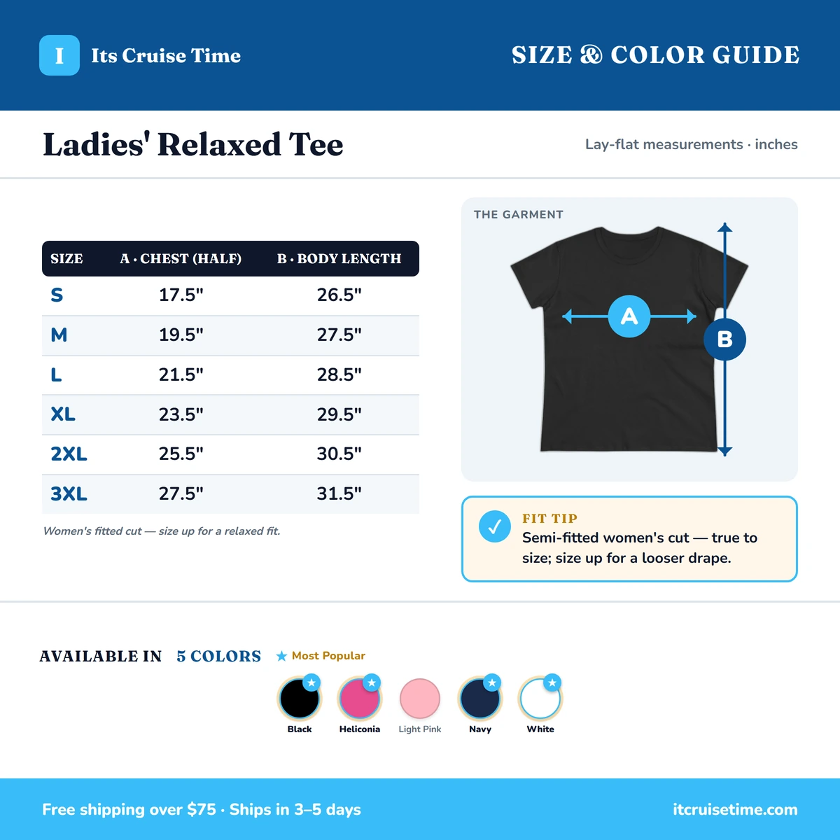 Ladies Tee size & color guide