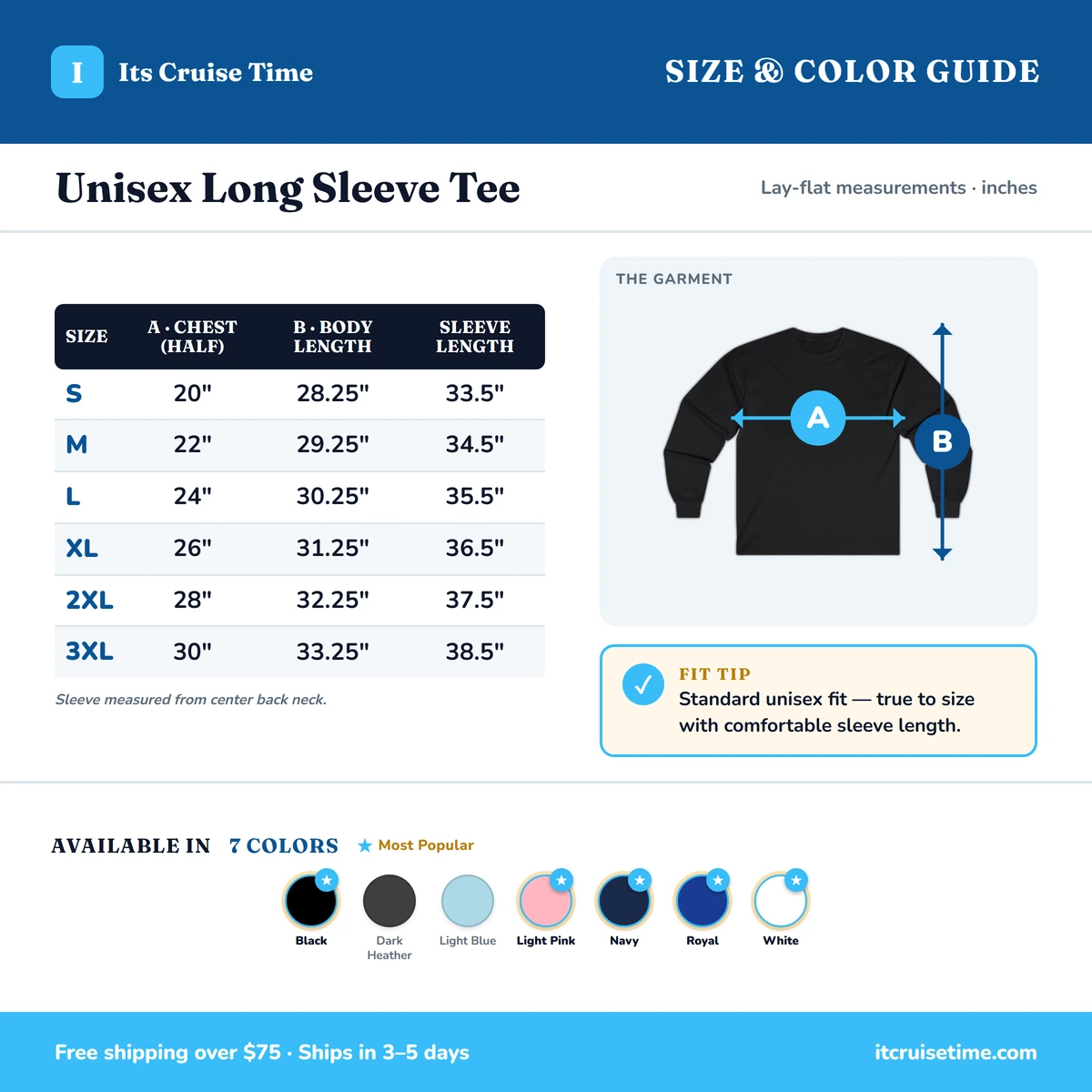 Long Sleeve size & color guide