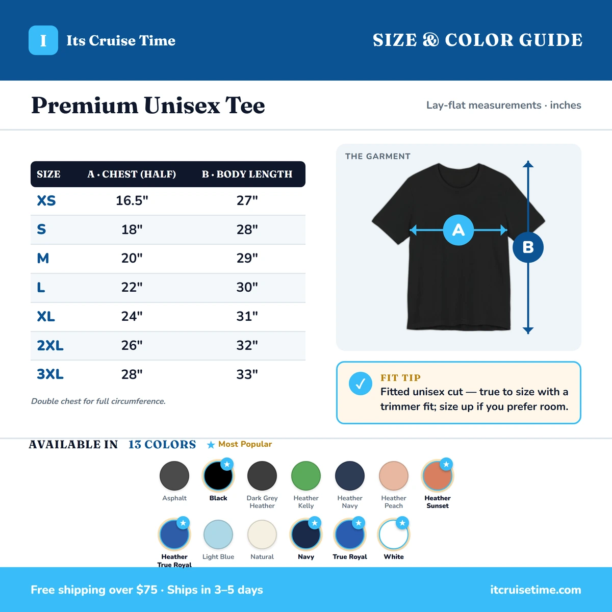Premium T-Shirt size & color guide