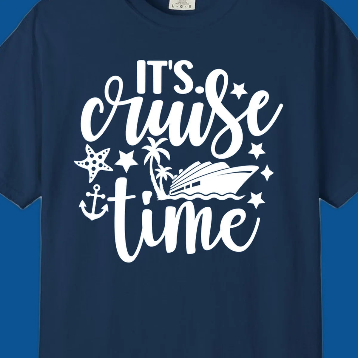 It's Cruise Time graphic with cruise ship, anchor, starfish, palm trees, and text.