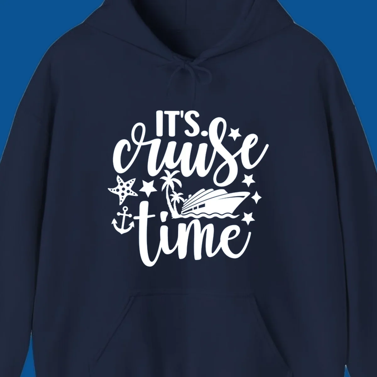 It's Cruise Time graphic with cruise ship, anchor, starfish, palm trees, and text.