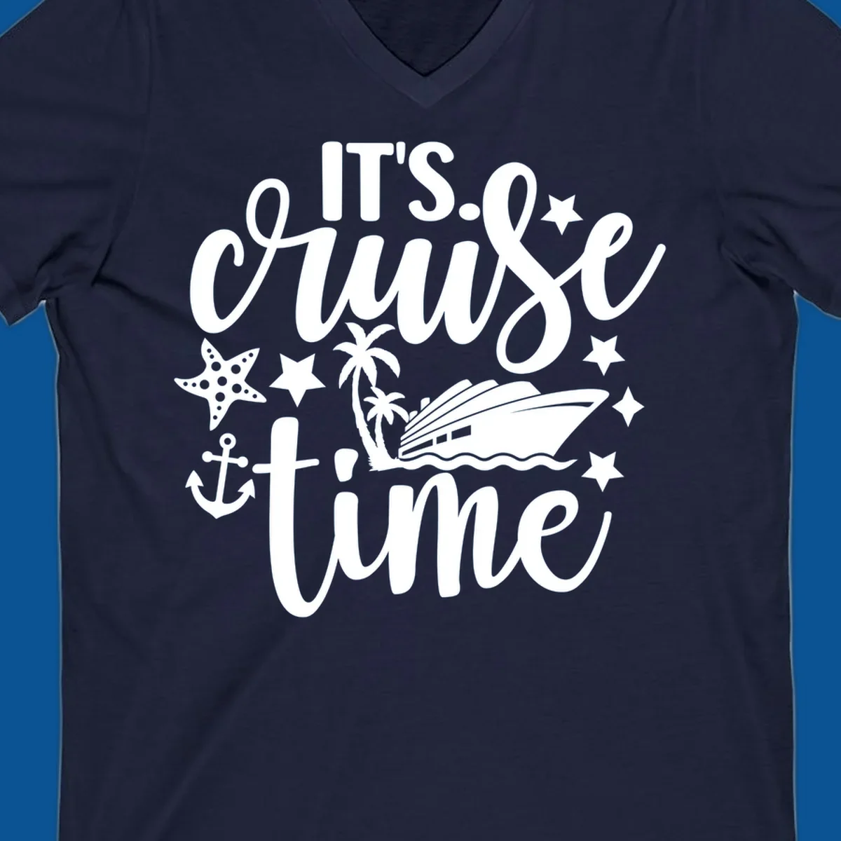 It's Cruise Time graphic with cruise ship, anchor, starfish, palm trees, and text.