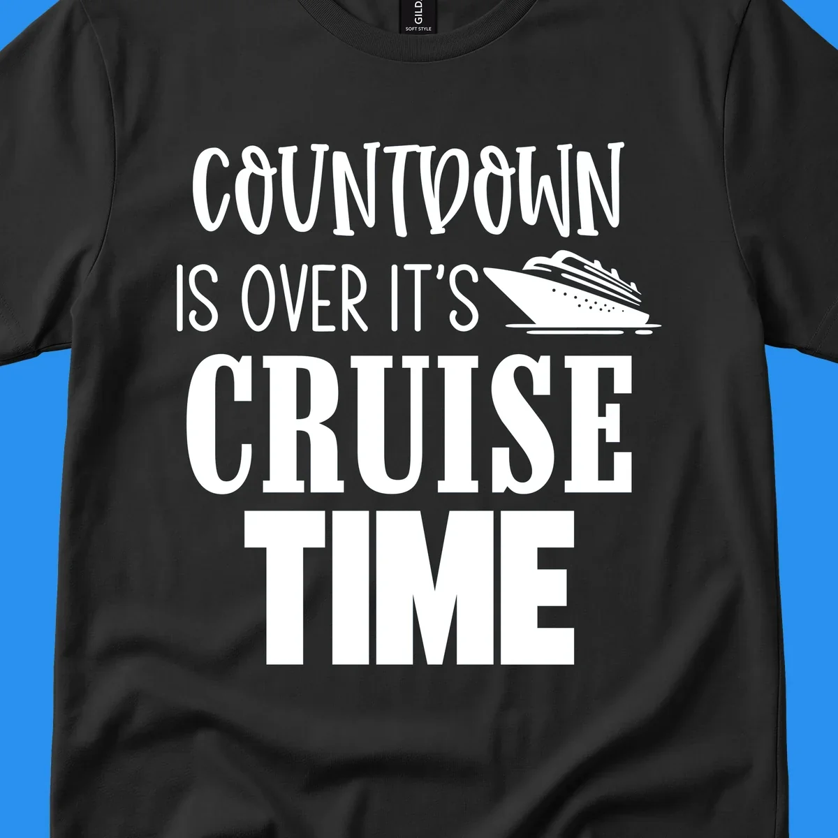 Countdown is over it's cruise time text with cruise ship illustration.