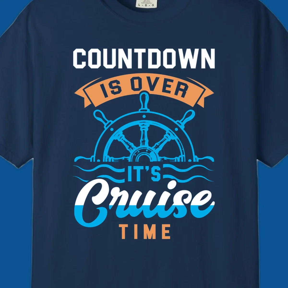 Cruise time countdown text with ship wheel and waves graphic
