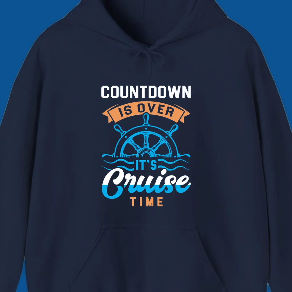 Cruise time countdown text with ship wheel and waves graphic