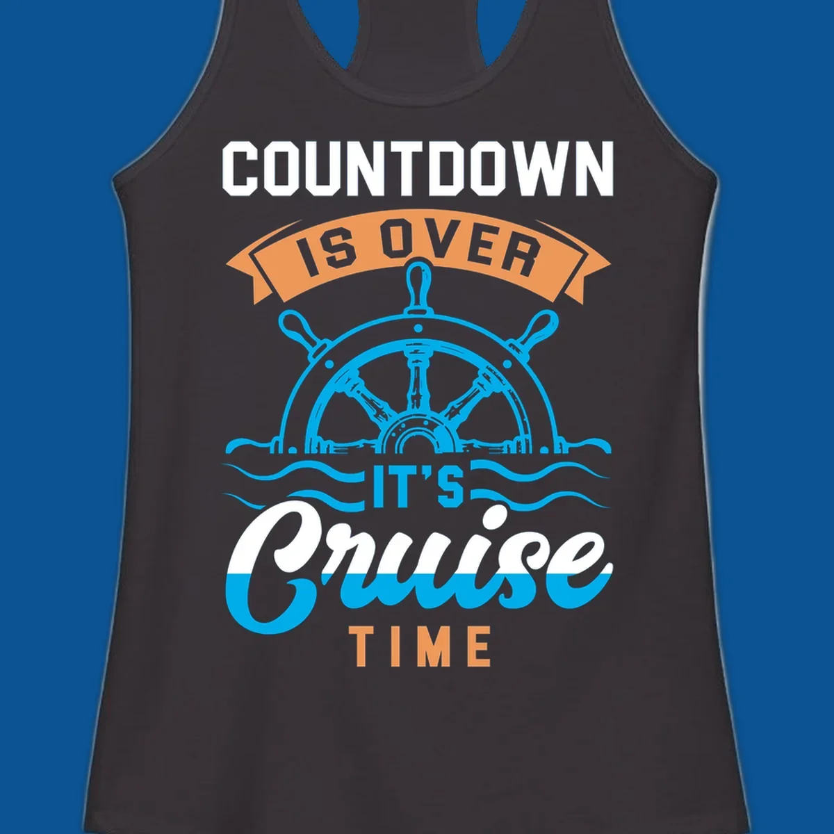 Cruise time countdown text with ship wheel and waves graphic