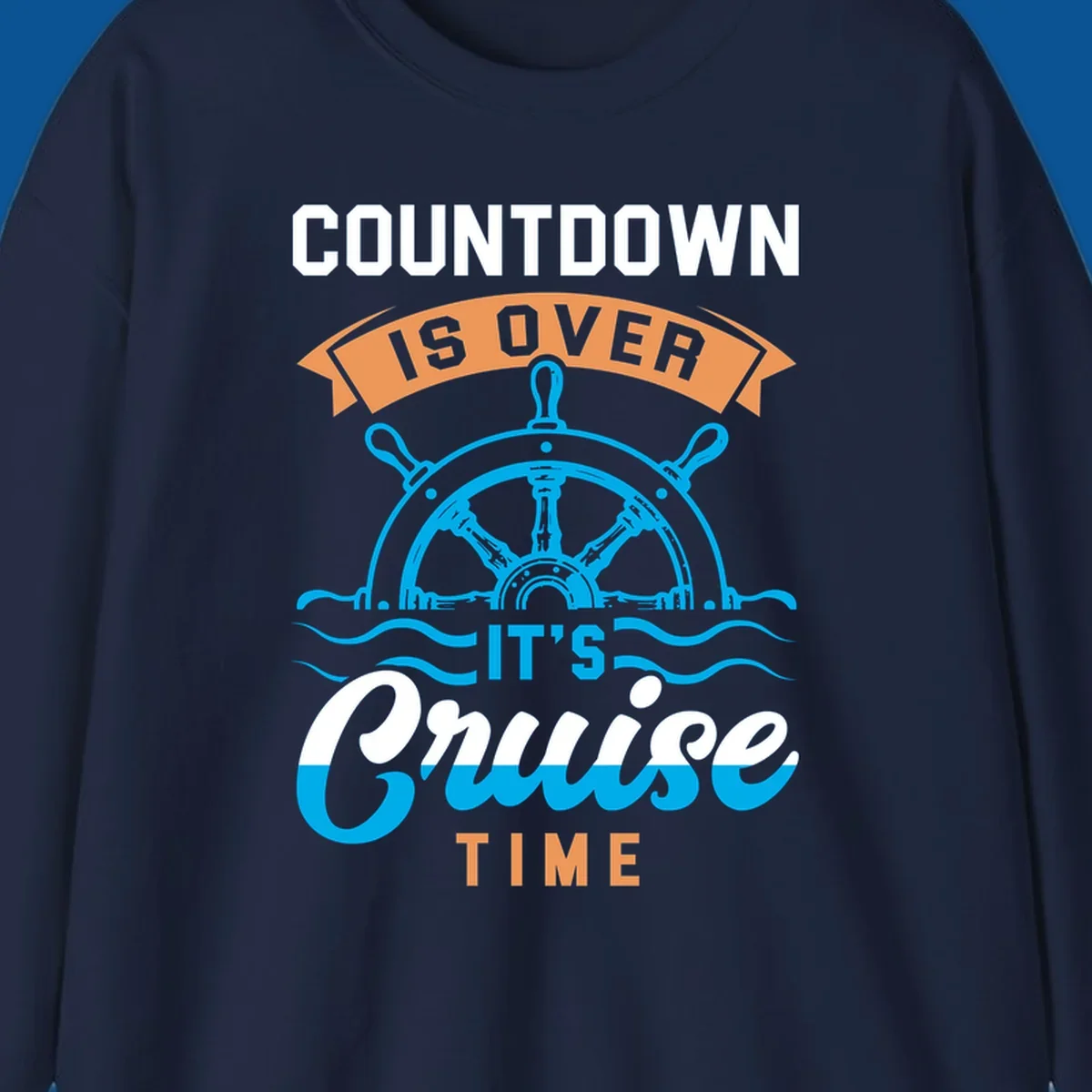 Cruise time countdown text with ship wheel and waves graphic