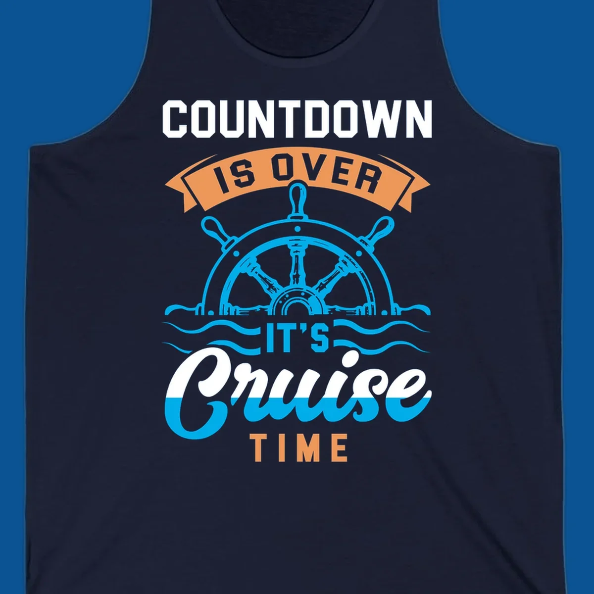 Cruise time countdown text with ship wheel and waves graphic