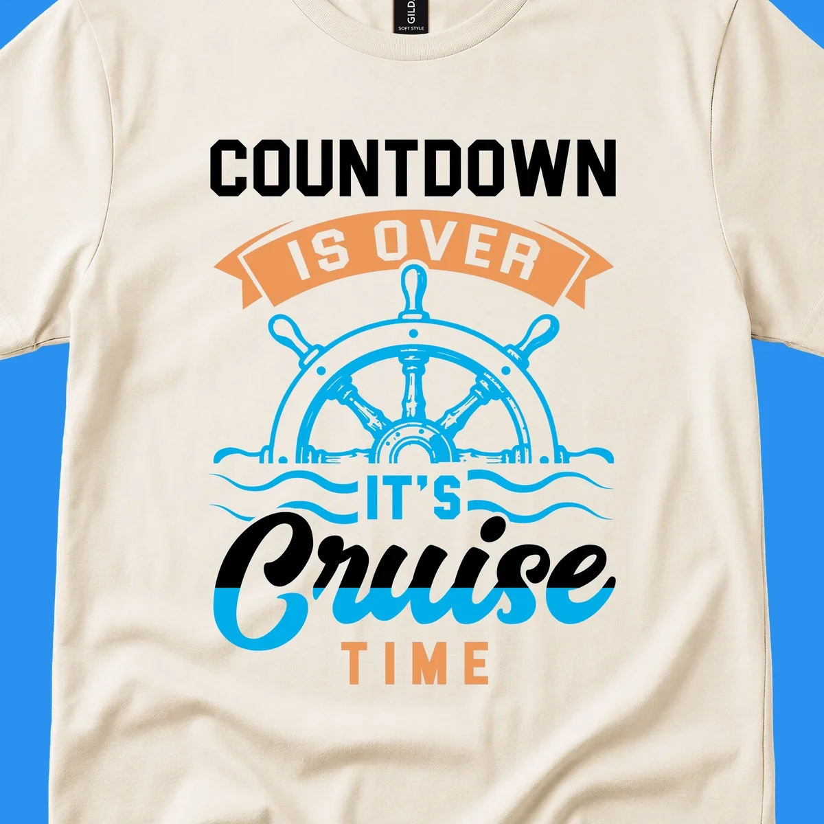 Cruise time countdown text with ship wheel and waves graphic