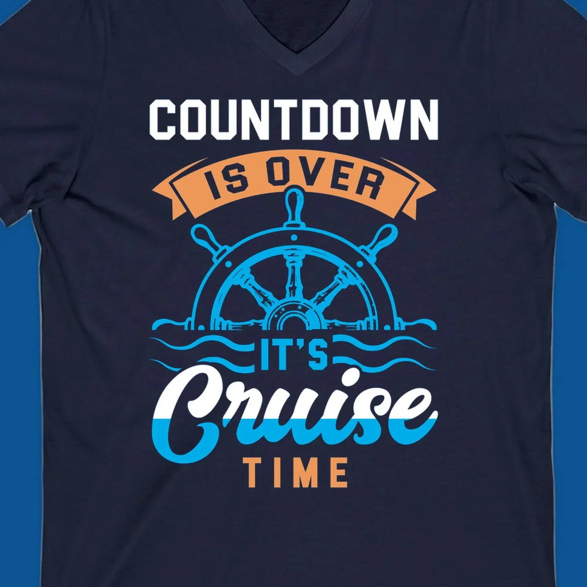 Cruise time countdown text with ship wheel and waves graphic