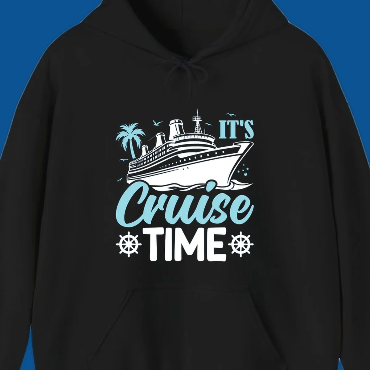 Cruise ship sailing with text 'IT'S Cruise TIME', ship's wheel graphic, palm tree.