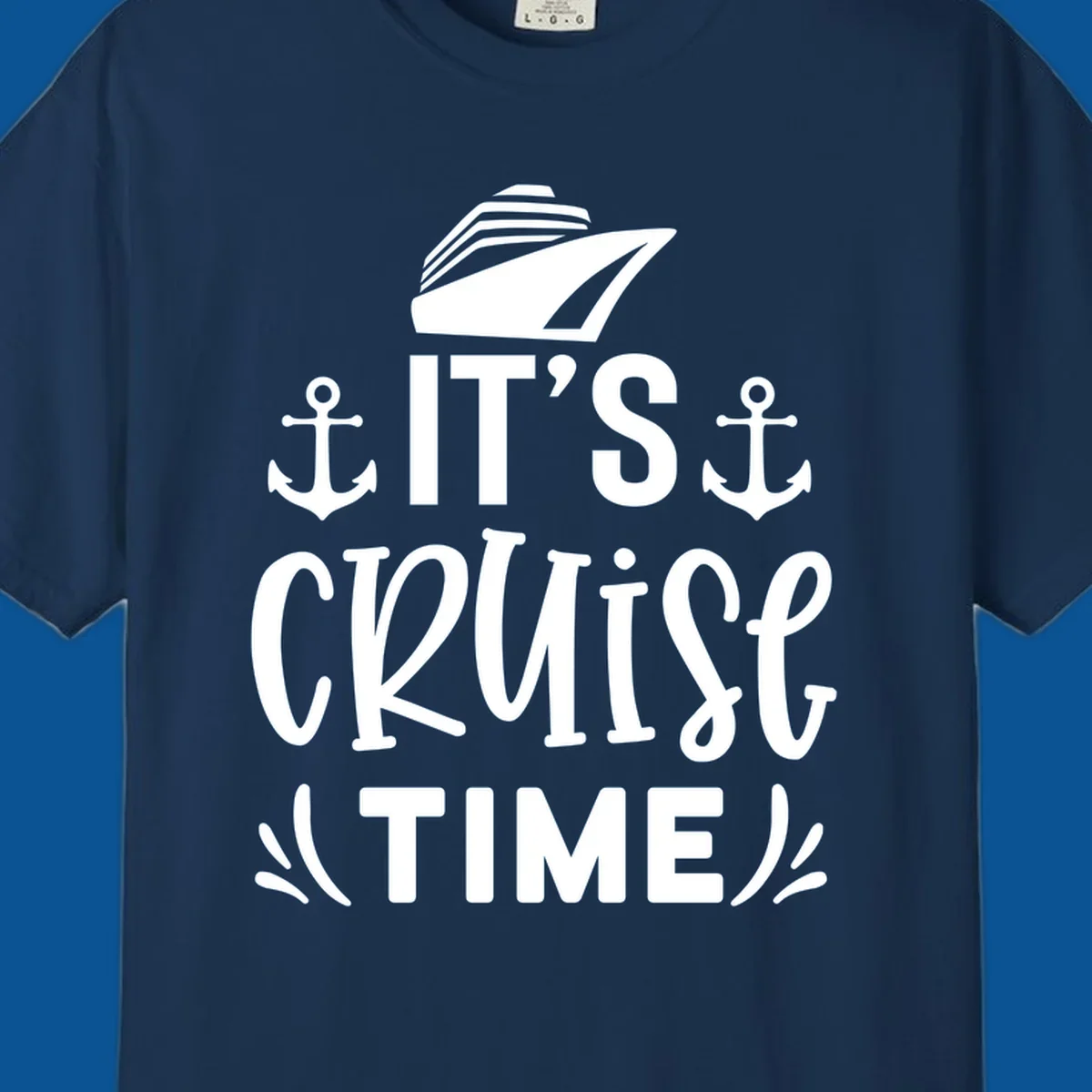 Cruise ship and anchors with text 'It's Cruise Time', cruise-time-typography.