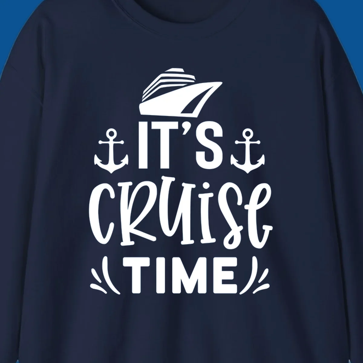 Cruise ship and anchors with text 'It's Cruise Time', cruise-time-typography.