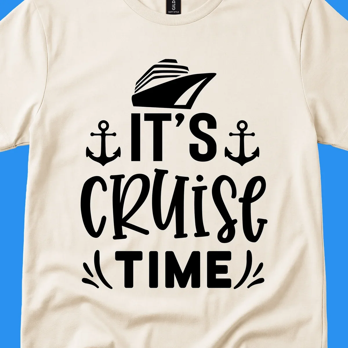 Cruise ship and anchors with text 'It's Cruise Time', cruise-time-typography.