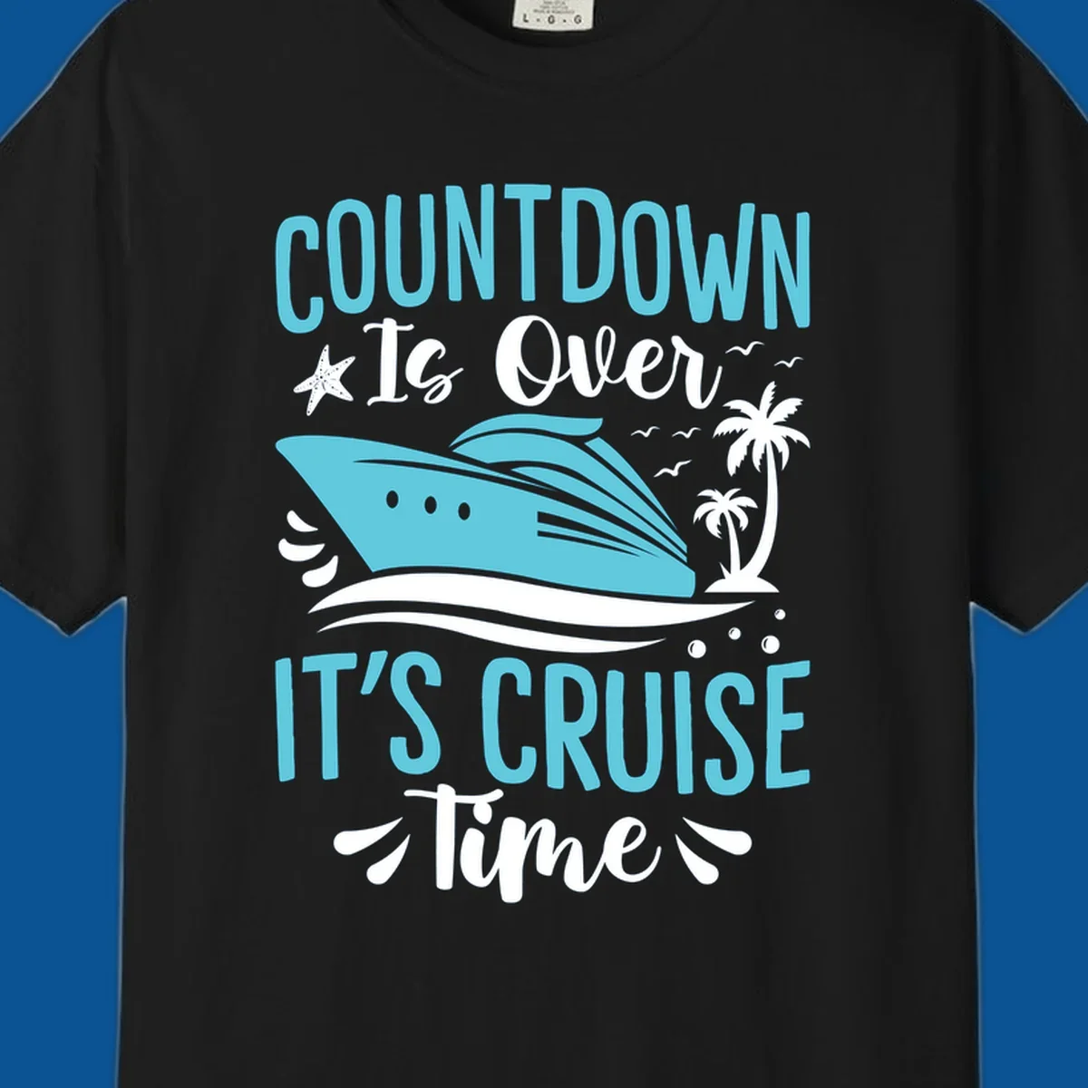 Cruise time countdown text with cruise ship, palm trees, and starfish graphic.
