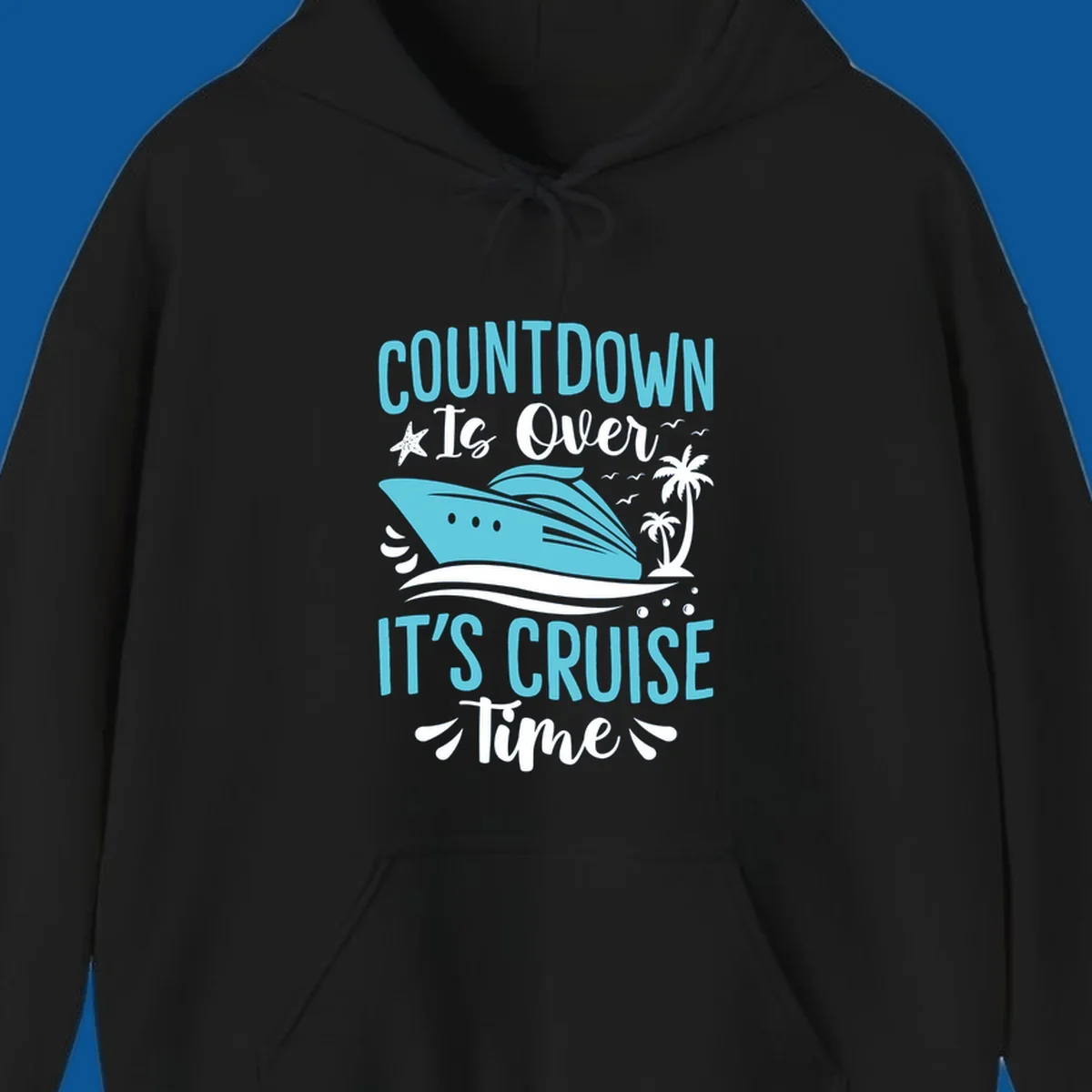 Cruise time countdown text with cruise ship, palm trees, and starfish graphic.