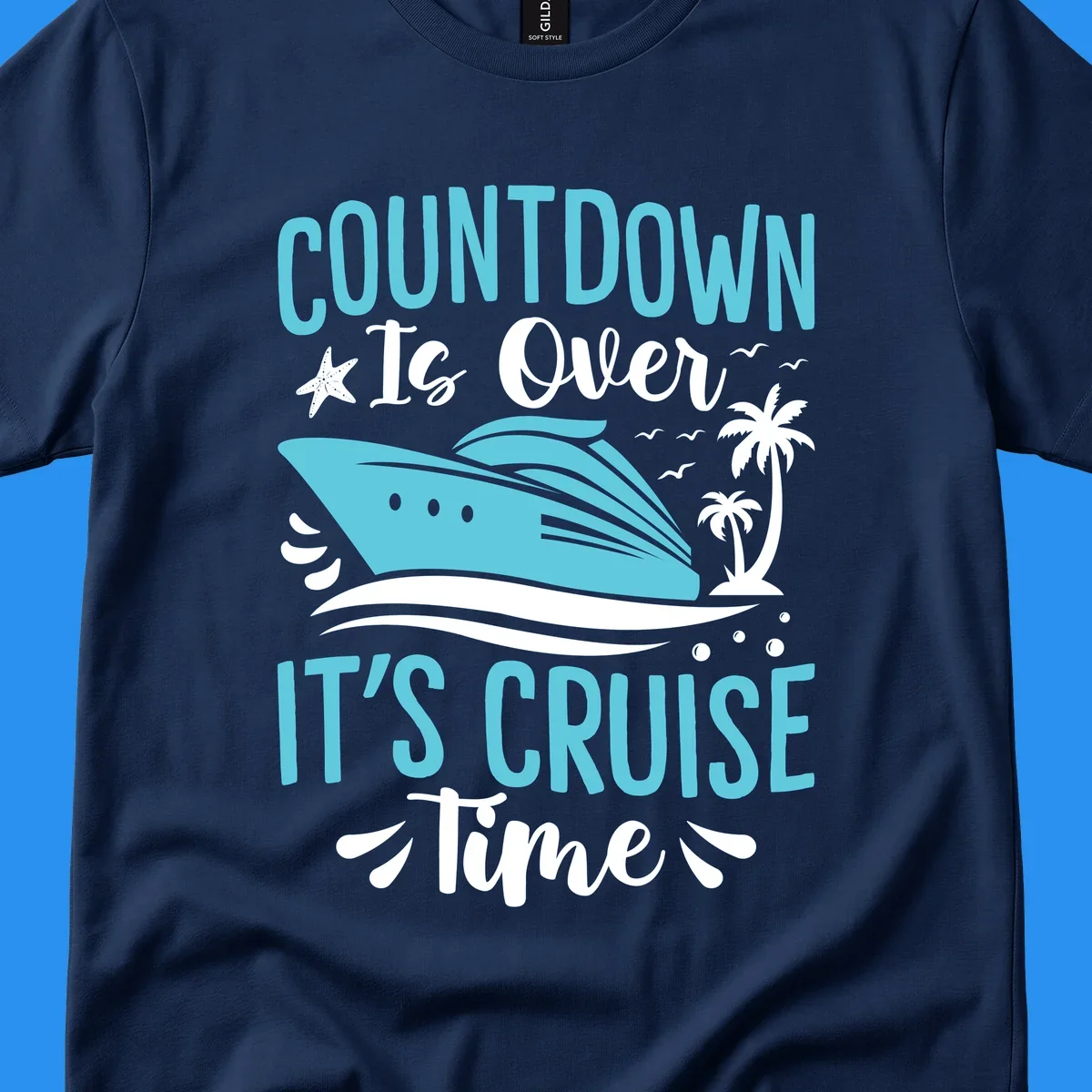 Cruise time countdown text with cruise ship, palm trees, and starfish graphic.