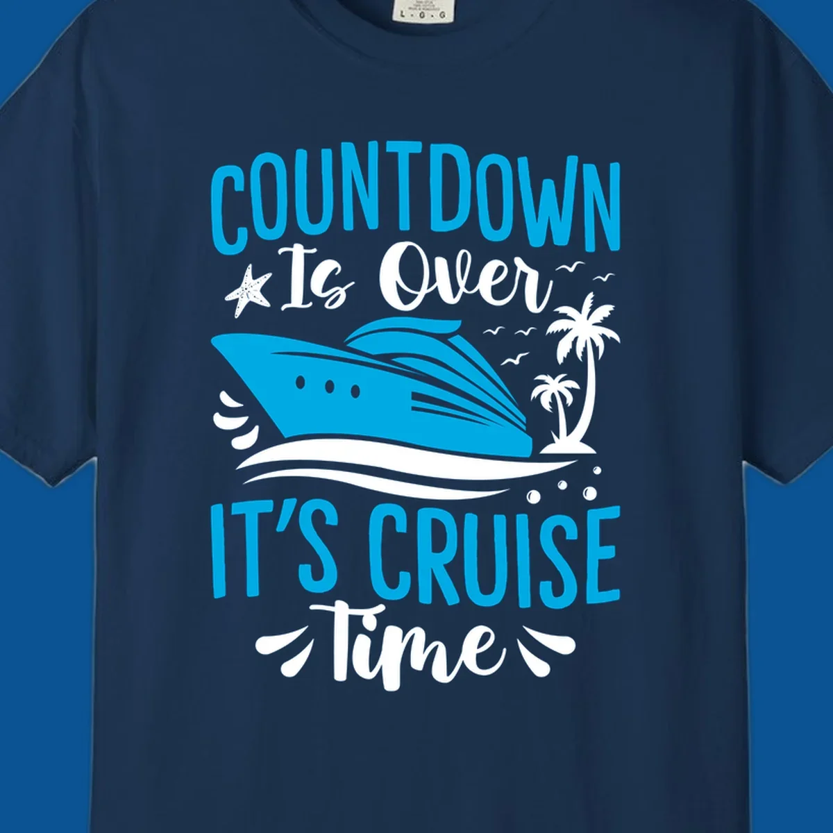Cruise time countdown text with ship, palm trees, and starfish illustration.