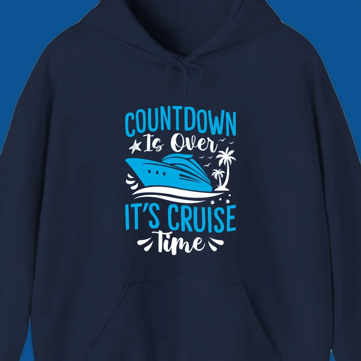Cruise time countdown text with ship, palm trees, and starfish illustration.