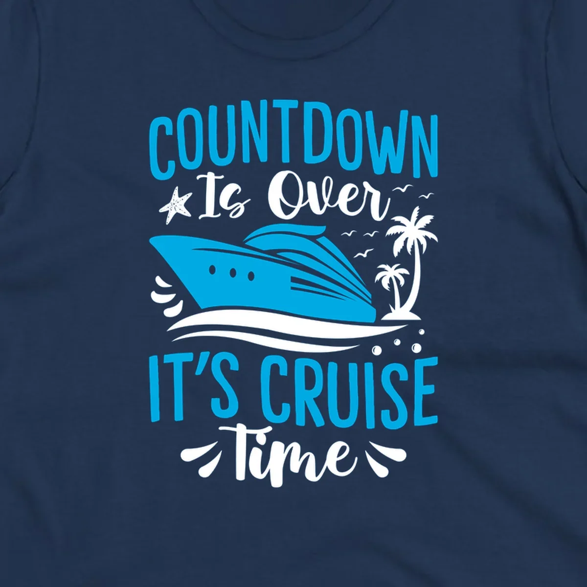 Cruise time countdown text with ship, palm trees, and starfish illustration.