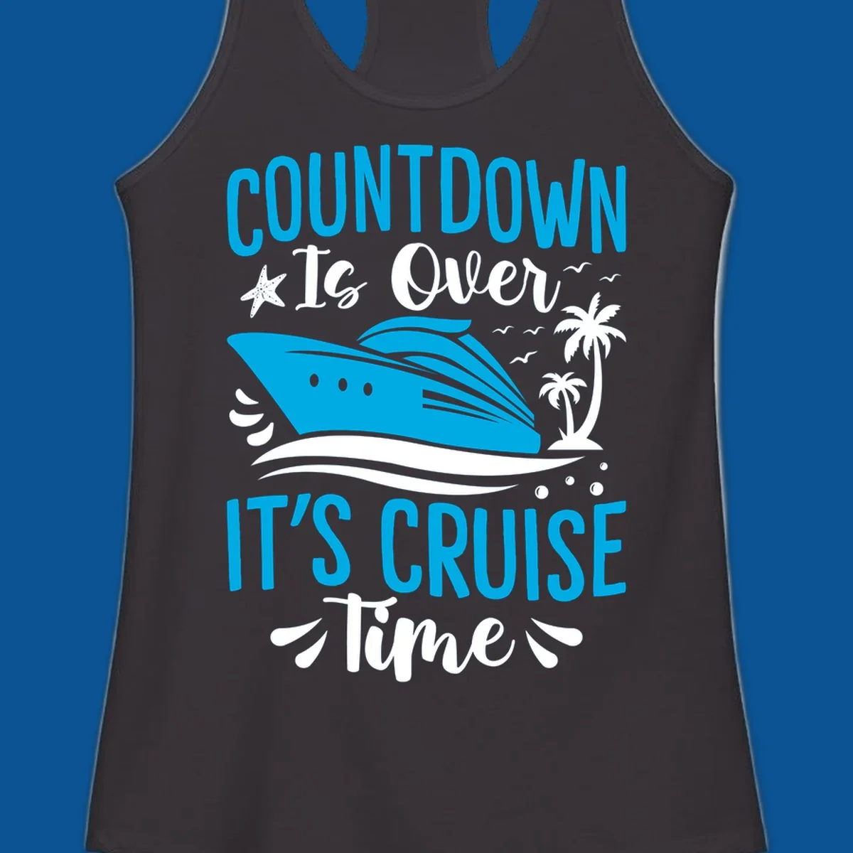 Cruise time countdown text with ship, palm trees, and starfish illustration.