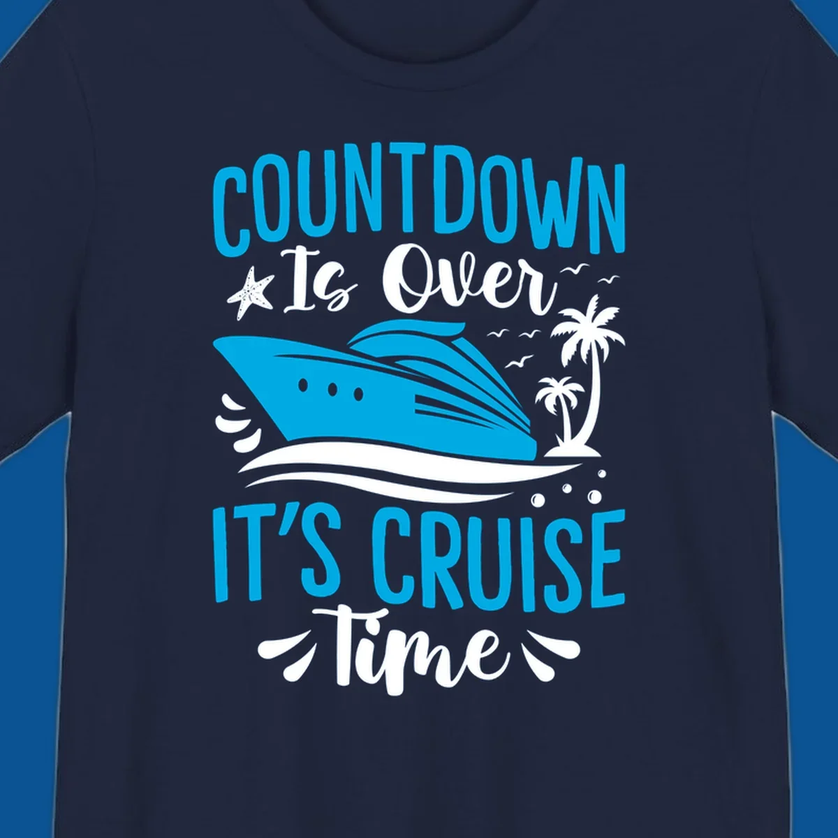 Cruise time countdown text with ship, palm trees, and starfish illustration.