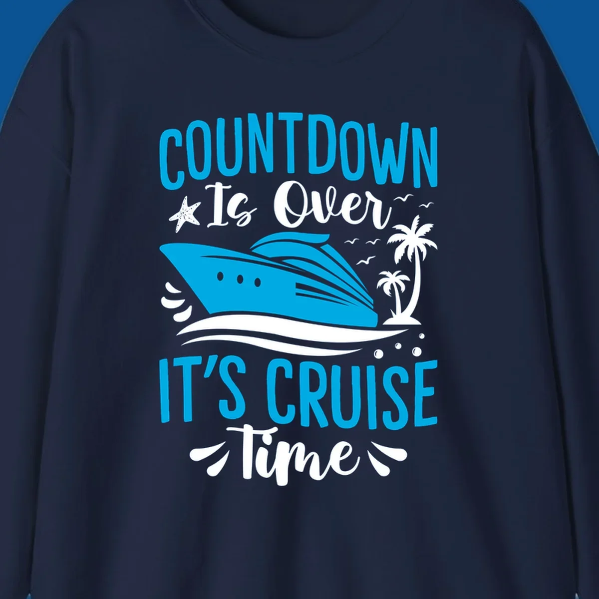 Cruise time countdown text with ship, palm trees, and starfish illustration.
