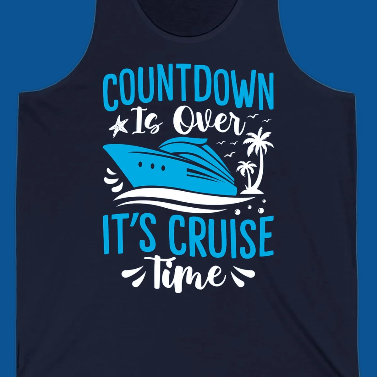 Cruise time countdown text with ship, palm trees, and starfish illustration.