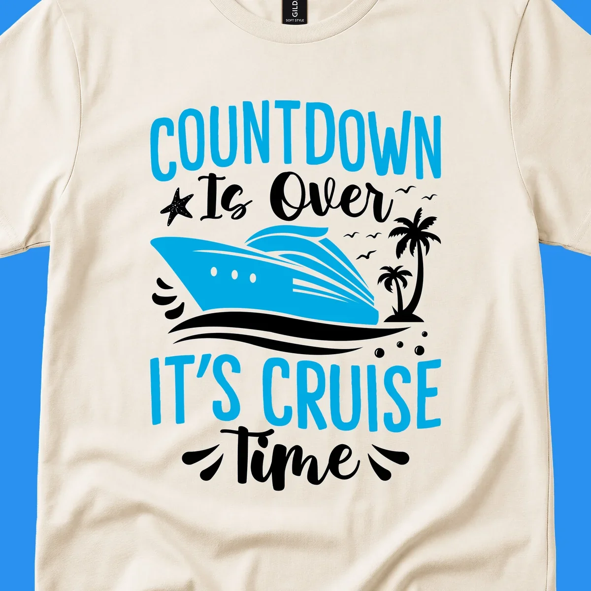 Cruise time countdown text with ship, palm trees, and starfish illustration.