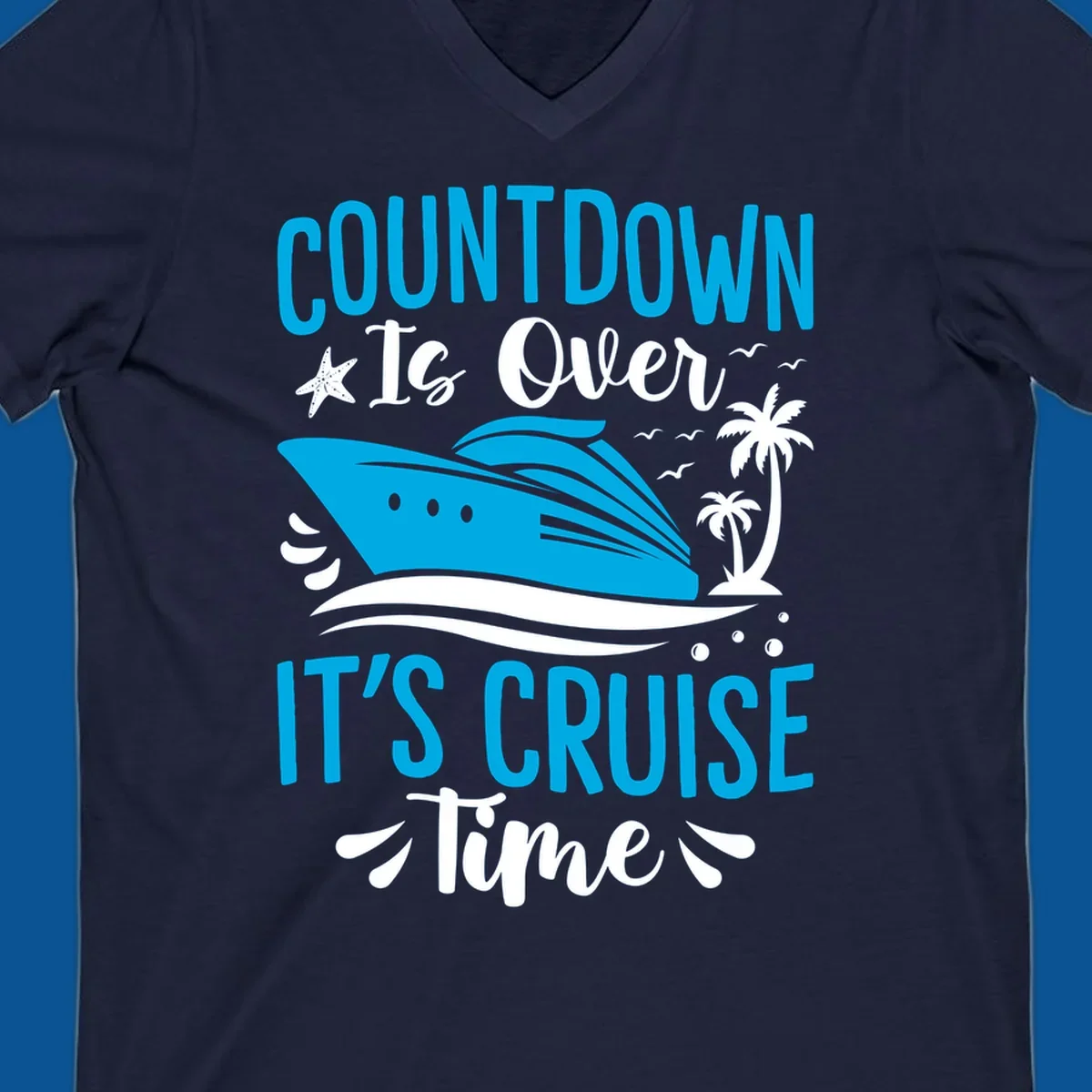 Cruise time countdown text with ship, palm trees, and starfish illustration.
