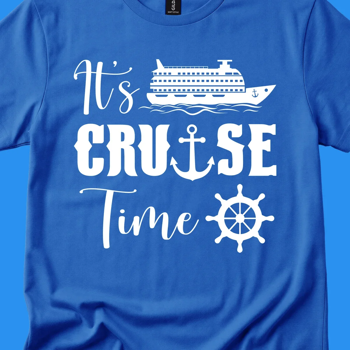 It's Cruise Time design with cruise ship, anchor, and ship wheel.