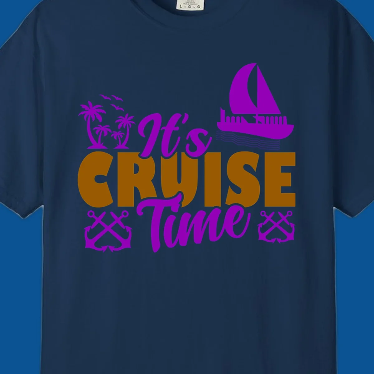 It's Cruise Time tropical nautical graphic with text, palm trees, sailboat and anchors.